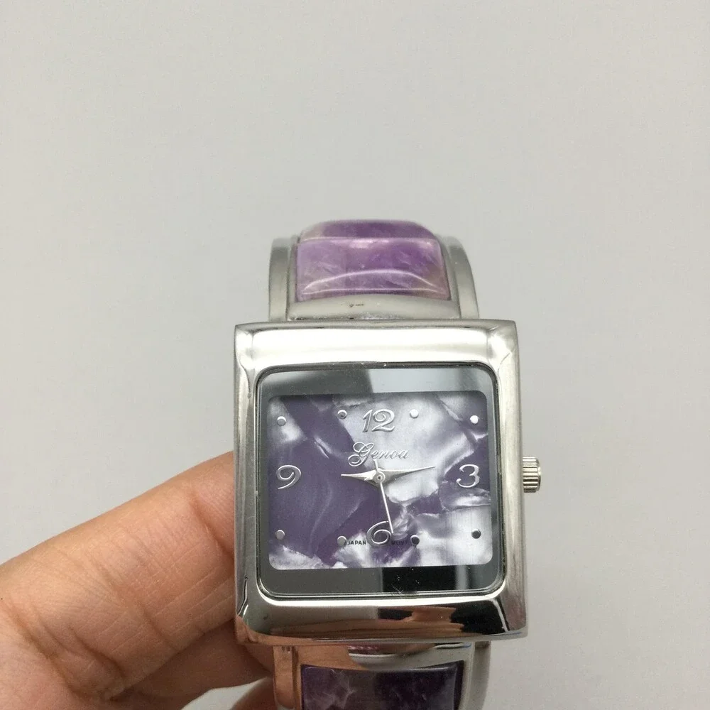 Geneva Womens Watch 31mm Silver Tone Purple MOP Square Dial Bangle Open Cuff